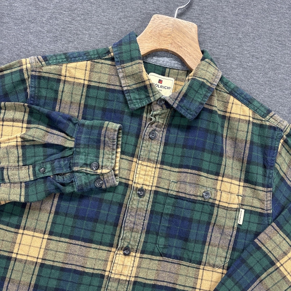 Woolrich Flannel Shirt Mens L Button Down Blue Green Plaid Buffalo Check Work